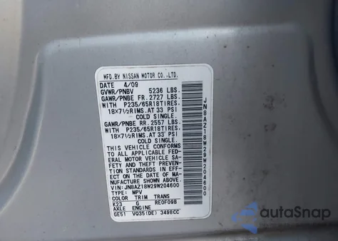 2009 Nissan Murano Sl из США, поврежденный, VIN JN8AZ18W29W204600